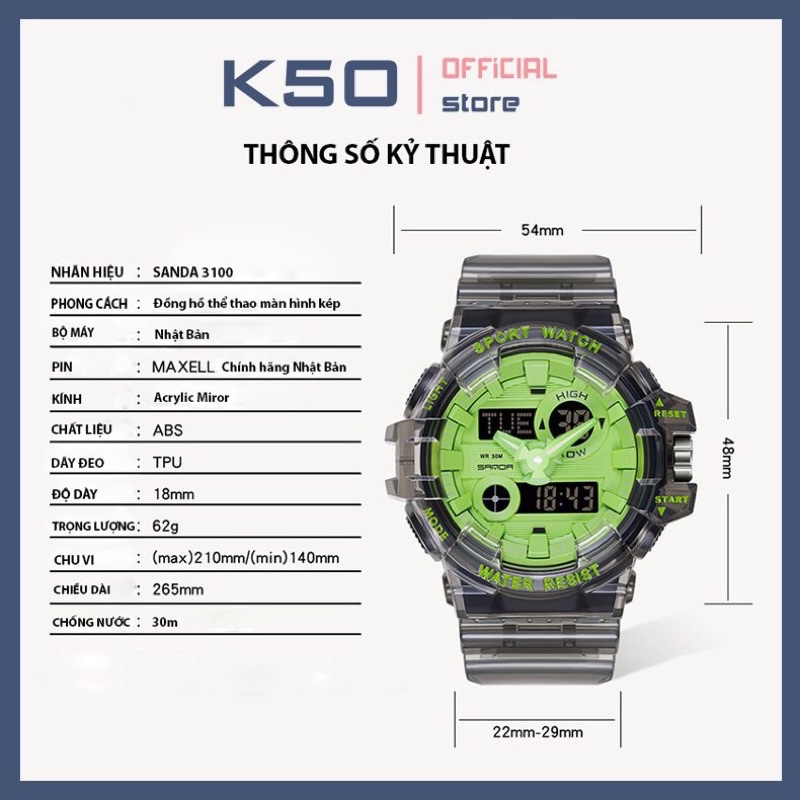Đồng hồ thể thao unisex nam nữ Sanda 3100 full box chính hãng