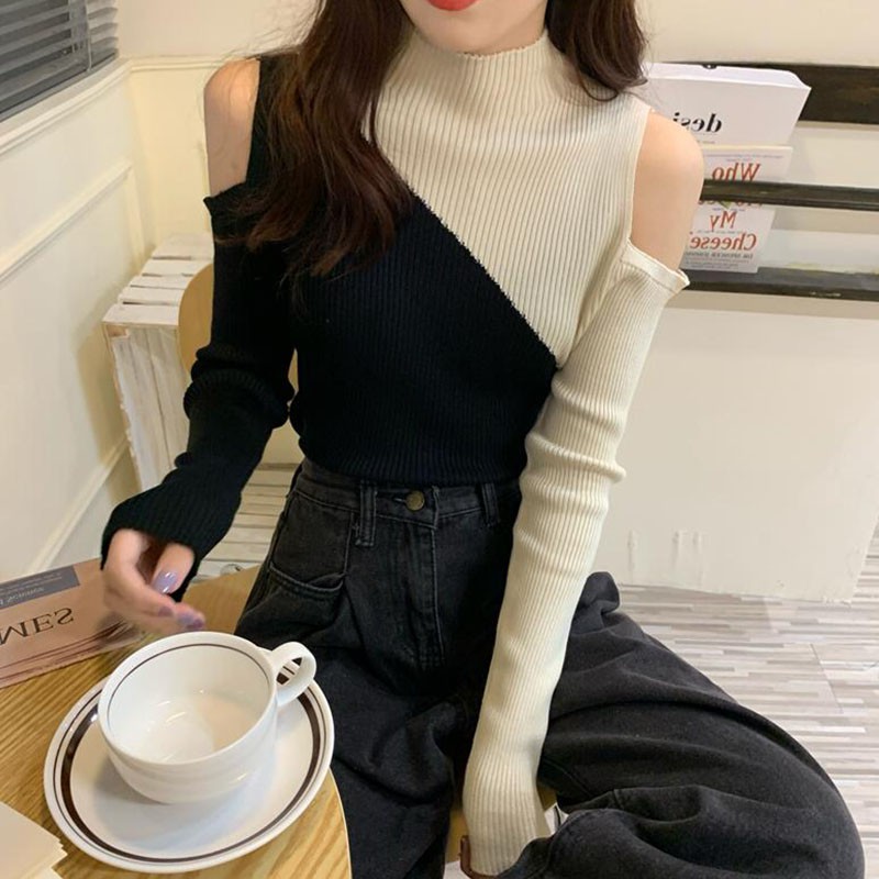 Áo Len Chui Đầu Cổ Lọ Phối Màu Tương Phản Phong Cách Hàn Quốc