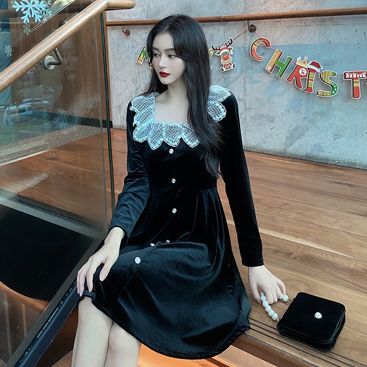 Đầm Ngắn Cổ Vuông Thời Trang Mùa Thu Hàn Quốc Dành Cho Nữ