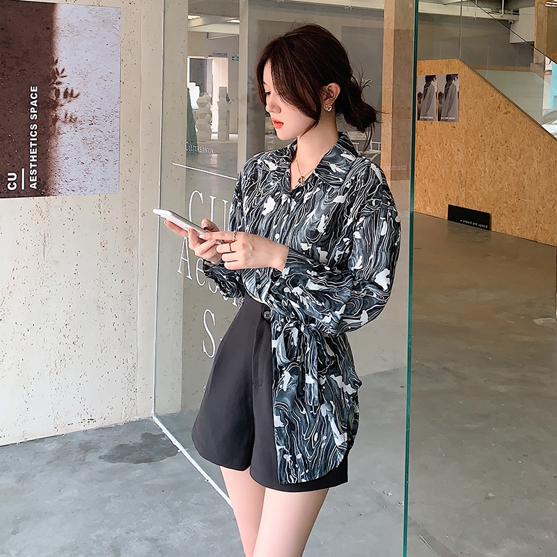 IELGY    Áo Sơ Mi Cột Dây In Họa Tiết Phong Cách hong kong Thời Trang Cho Nữ