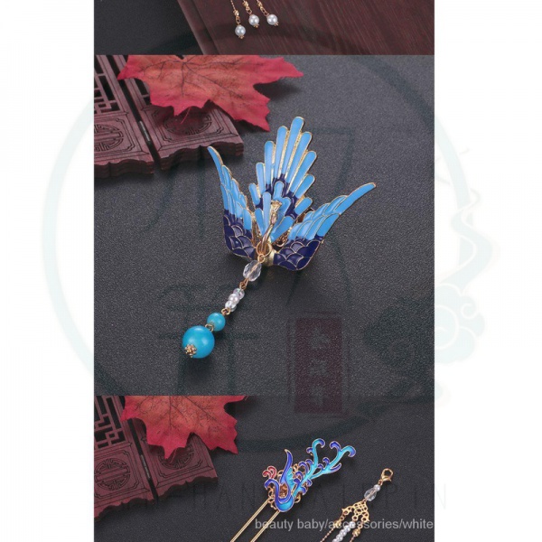 Kẹp tóc hình chim công xanh dương phối tua rua kiểu cổ điển phong cách Trung Hoa