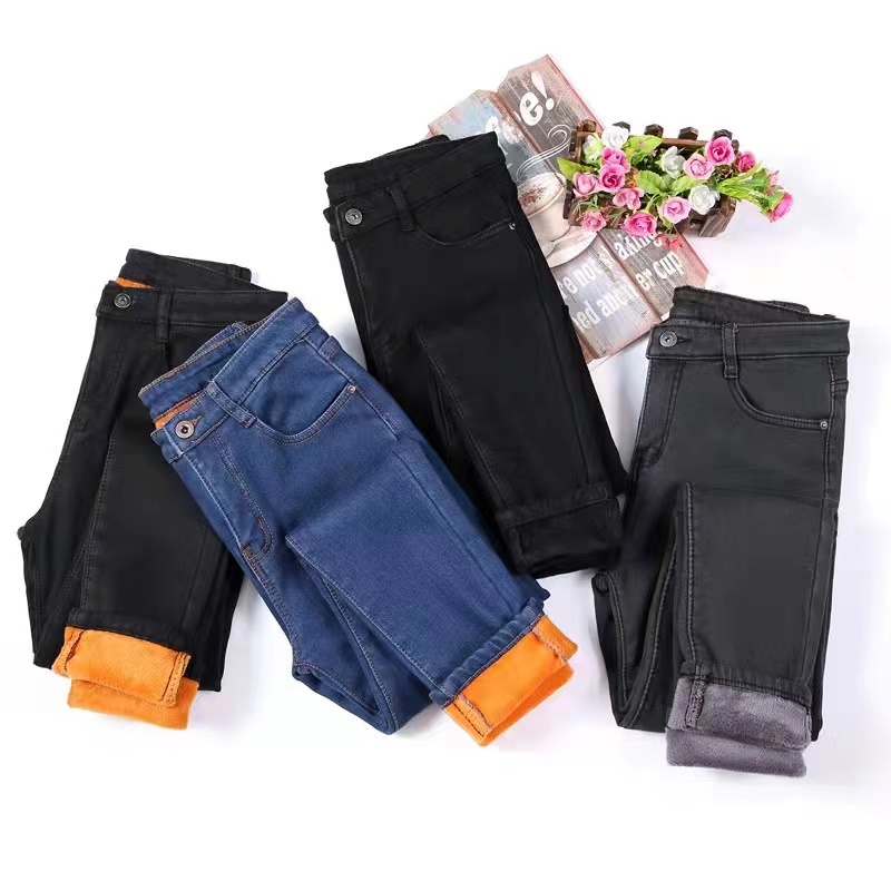 Quần jean nữ lót lông chất cao cấp cạp cao có giãn chính hãng Yiwoyi Cực ấm