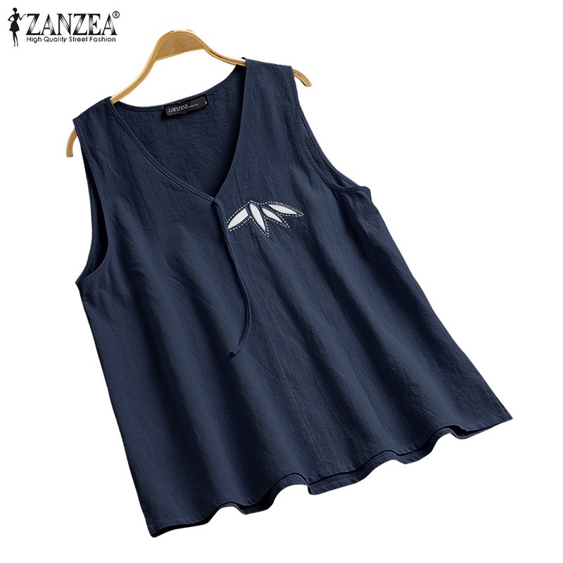 ZANZEA  Áo không tay cổ tròn thêu lá phong cách thường ngày cho nữ