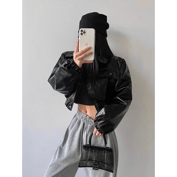 Áo khoác da dáng ngắn túi hộp bo gấu