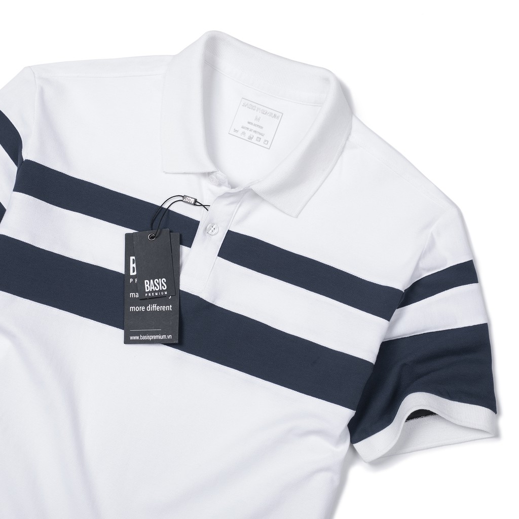 Áo thun nam có cổ màu trắng thiết kế sọc xanh tinh tế, vải cotton cá sấu 100%, BASIS APL95 | BigBuy360 - bigbuy360.vn