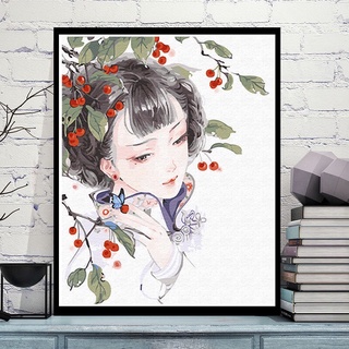 Tranh số hoá, tô màu theo số, có khung, đủ phụ kiện - cô gái và những nhành hoa