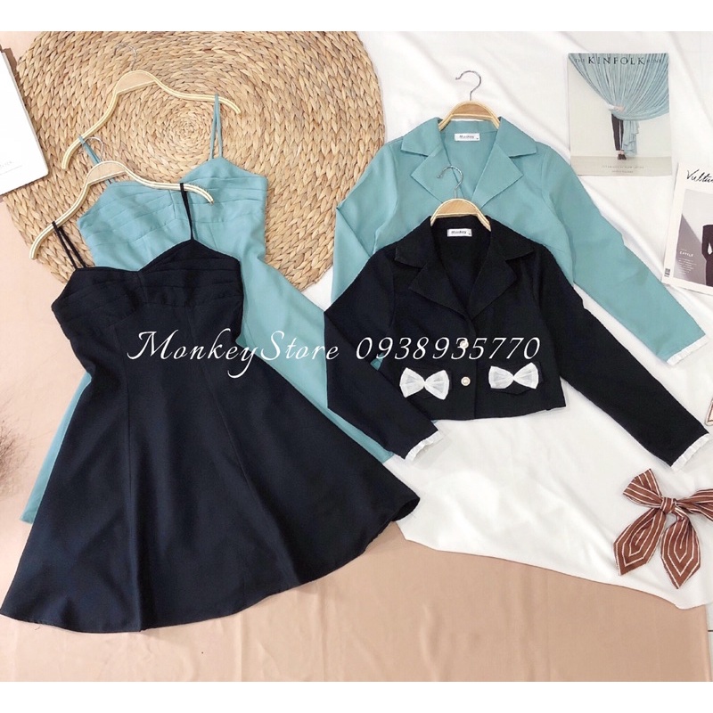 MonkeyStore Sét váy + áo vest tay dài thiết kế đính nơ trắng