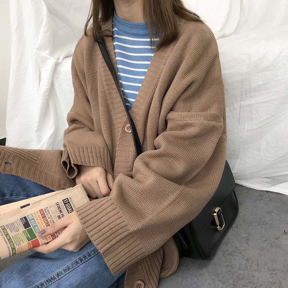 Áo Khoác Cardigan Dệt Kim Tay Dài Cổ Chữ V Màu Nâu Thời Trang Xuân Thu Cho Nữ