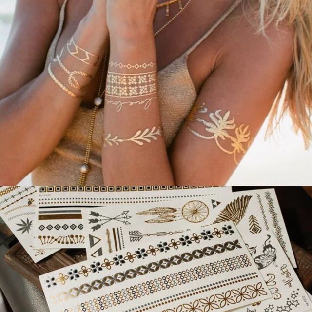 (Hàng có sẵn) Combo 8 hình xăm dán nhũ ánh kim flashtatoo phong cách henna đi chơi đi biển đẹp siêu cute giá rẻ