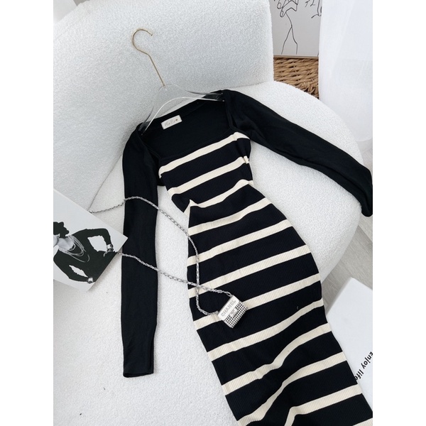 SET ĐẦM BODY SỌC NGANG + ÁO KHOÁC ĐEN TAY DÀI