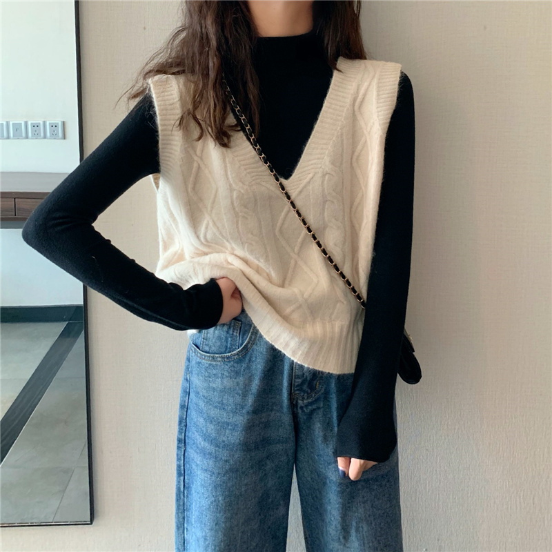 Áo Len Sát Nách Cổ Chữ V Màu Trơn Phong Cách Hàn Quốc Xinh Xắn