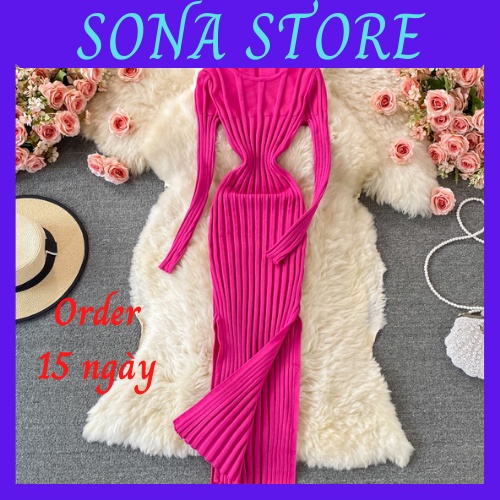 Váy body len dệt kim dáng dài đầm ôm nữ sexy cổ tròn xẻ 2 bên chất đẹp dày mịn sang chảnh hàng quảng châu cao cấp VL41