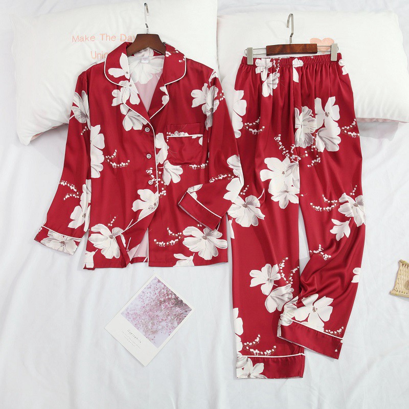 Bộ Đồ Ngủ Vải Satin In Họa Tiết Xinh Xắn Cho Nữ