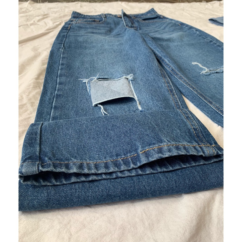 Quần Jeans Nữ Ống Rộng - Rách Gối - Màu Xanh - Phong Cách Năng Động - Mã J02