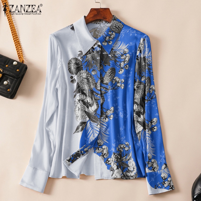 Áo sơ mi ZANZEA cổ bẻ tay dài vải satin in họa tiết hoa thời trang sang trọng dành cho bạn nữ