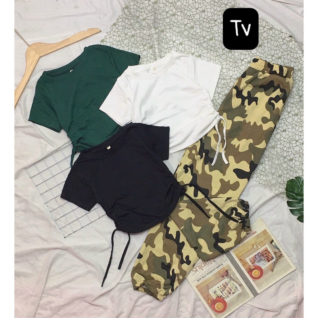 Sét bộ quần jogger lính phối áo croptop cột dây 2 bên eo cực xinh , chất thun bozip mềm mịn ( ảnh thật )