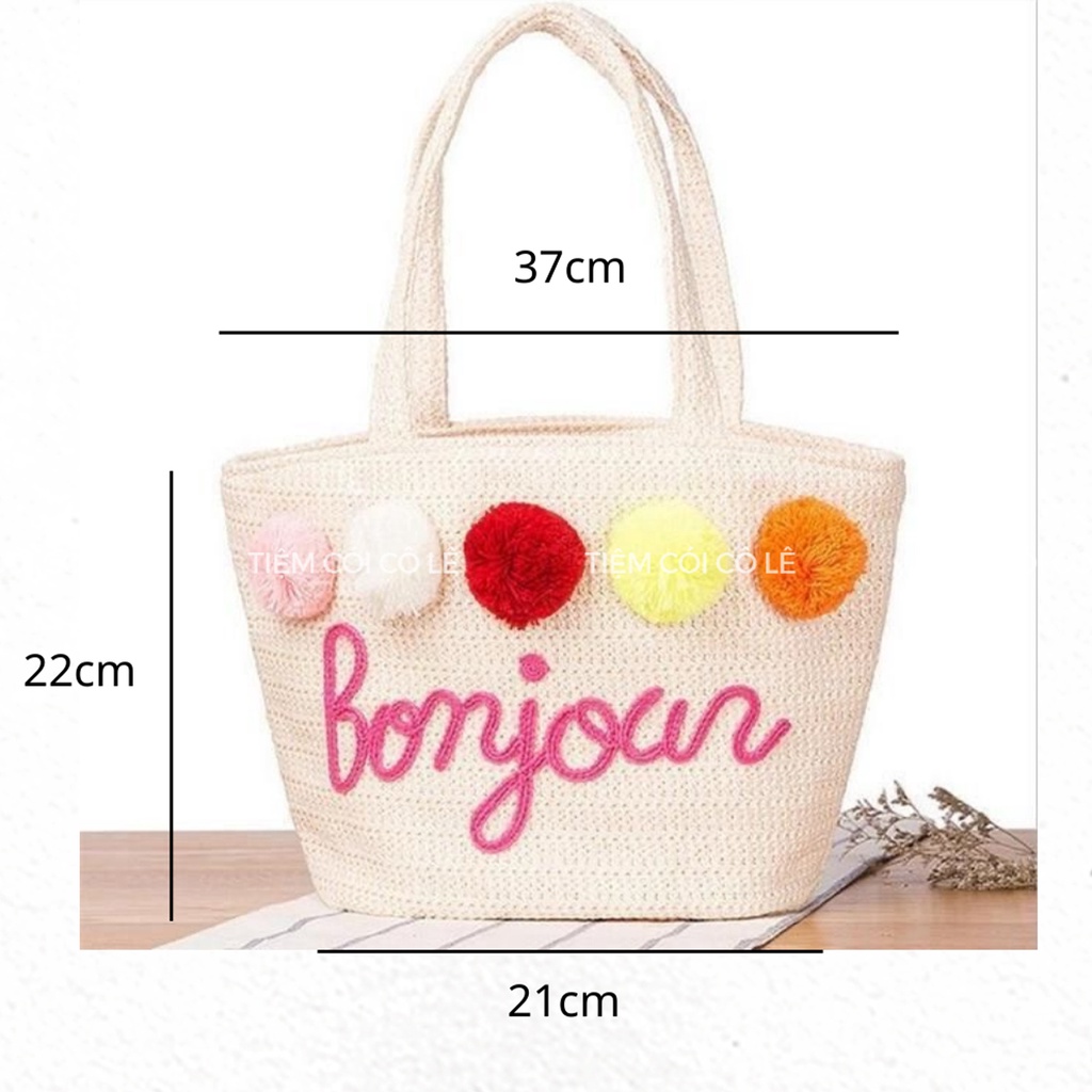 Túi cói đi biển Boujour đính quả bông nhiều màu xinh xắn - Tiệm Cói Cô Lê