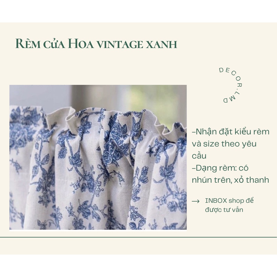 Rèm che kệ bếp họa tiết hoa xanh ,phong cách vintage chống nắng cao cấp, màn vải treo tường trang trí decor phòng ngủ