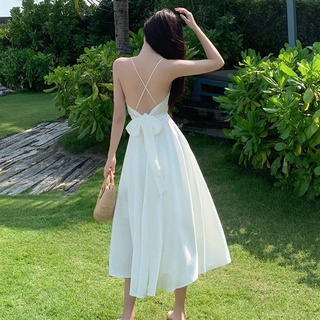 Váy trắng đầm dài hai dây dáng ôm thời trang mùa hè quyến rũ dành cho nữ đi biển