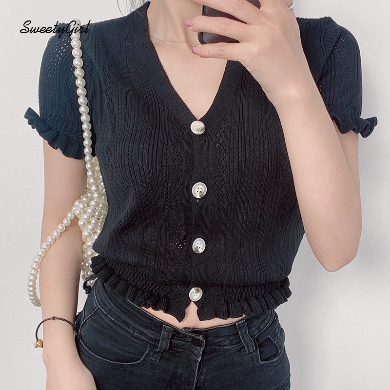Áo Thun Dệt Kim Tay Ngắn Cổ Chữ V Màu Đen Trơn Cài Nút Thời Trang 2022 Quyến Rũ Cho Nữ
