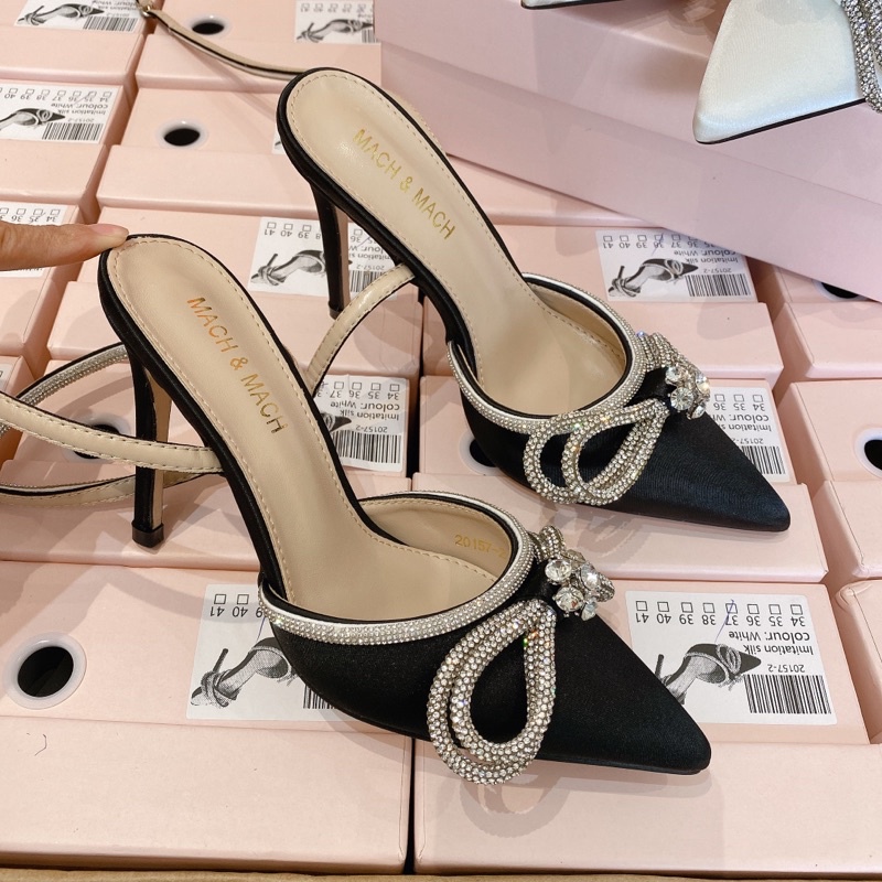 Giày cao gót nơ đá dây quấn cổ chân MM cao 10p
