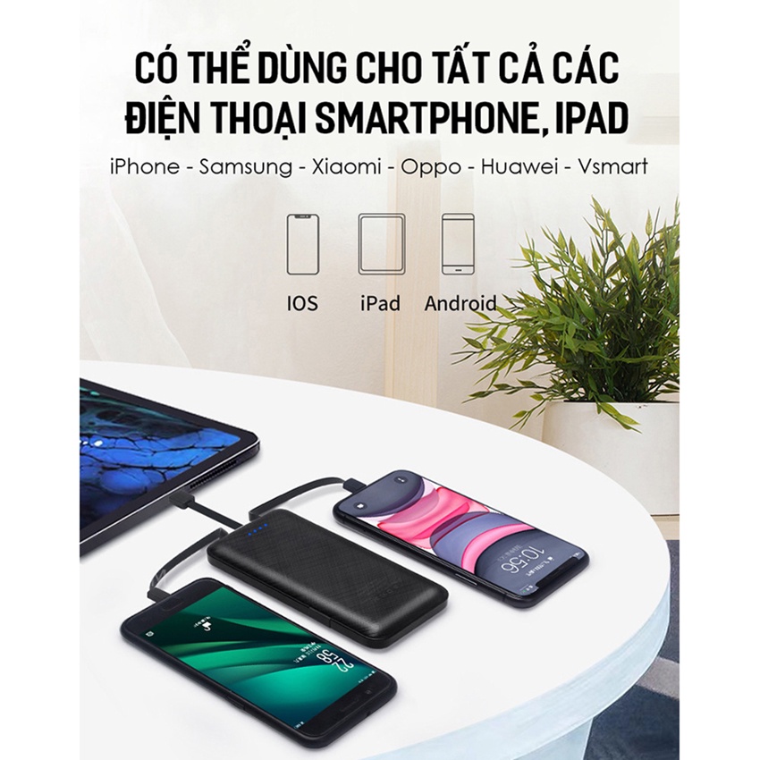 Sạc Dự Phòng 1000MAH Tích hợp 3 Dây Cáp Sạc Linghting /Micro/ Type C Hỗ trợ sạc nhanh