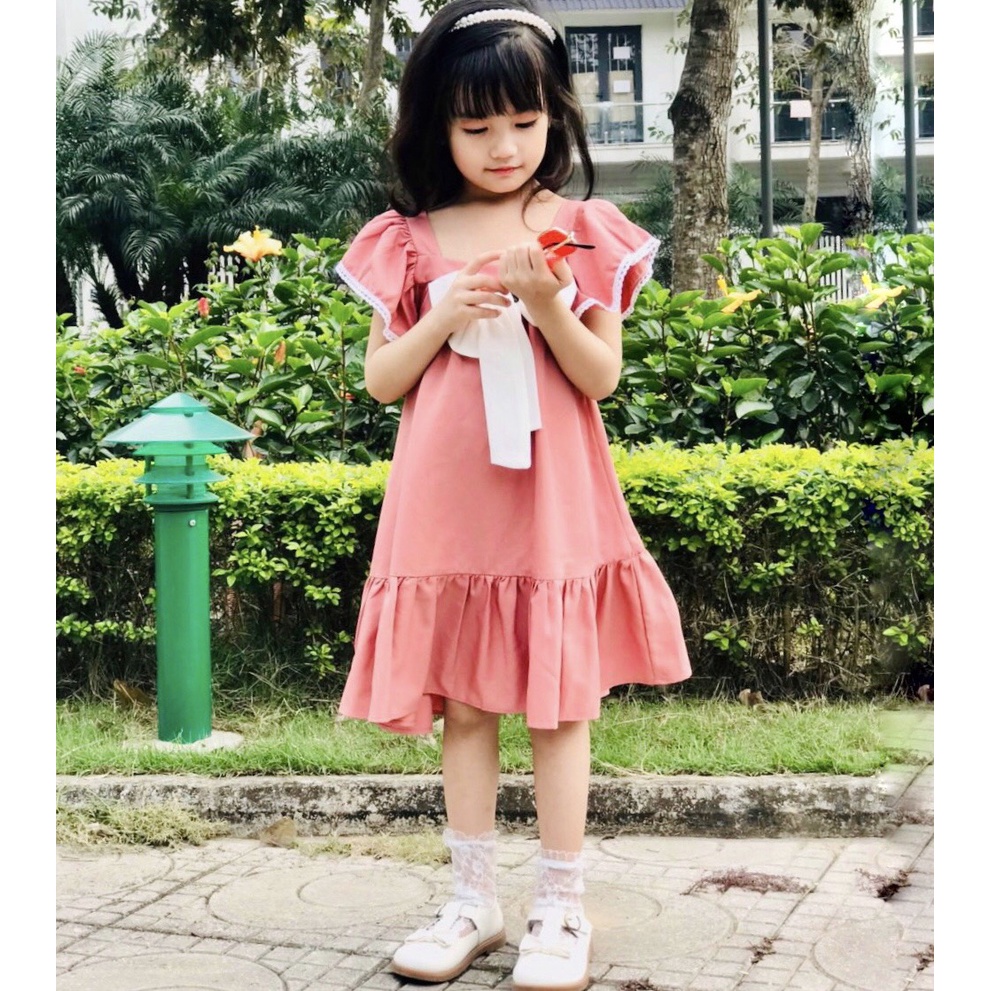 Váy đầm bé gái dáng suông đuôi cá thắt nơ vải trượt nhật cao cấp mùa hè Sunkid NN2 màu hồng 4-12 tuổi