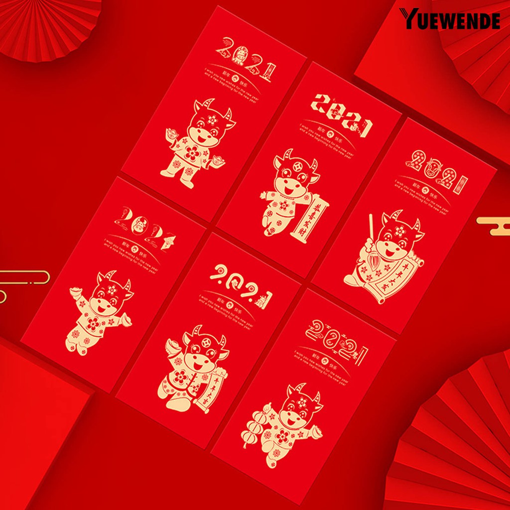 Set 6 Bao Lì Xì Màu Đỏ May Mắn Họa Tiết Hoạt Hình 2021