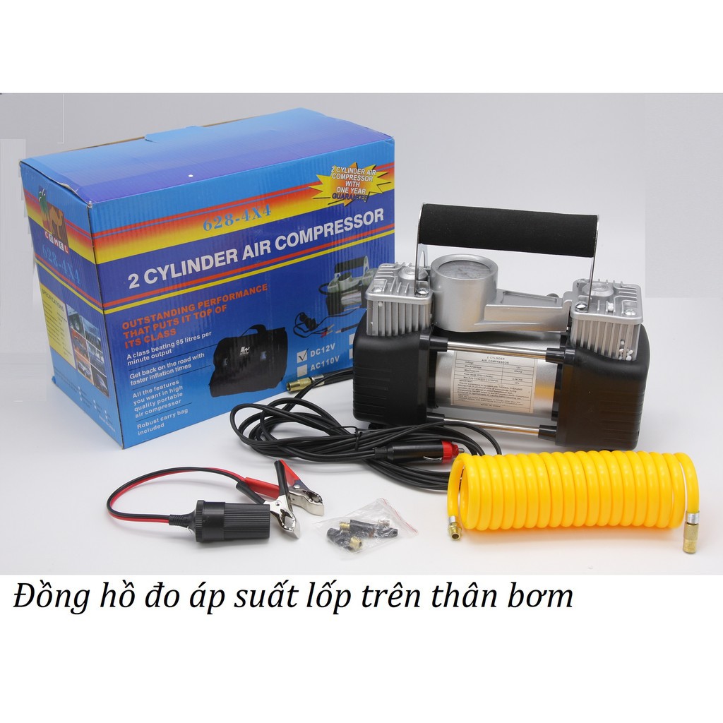 Bơm lốp ô tô mã lực lớn 2 piston siêu khỏe dùng điện 12v hoặc ắc quy