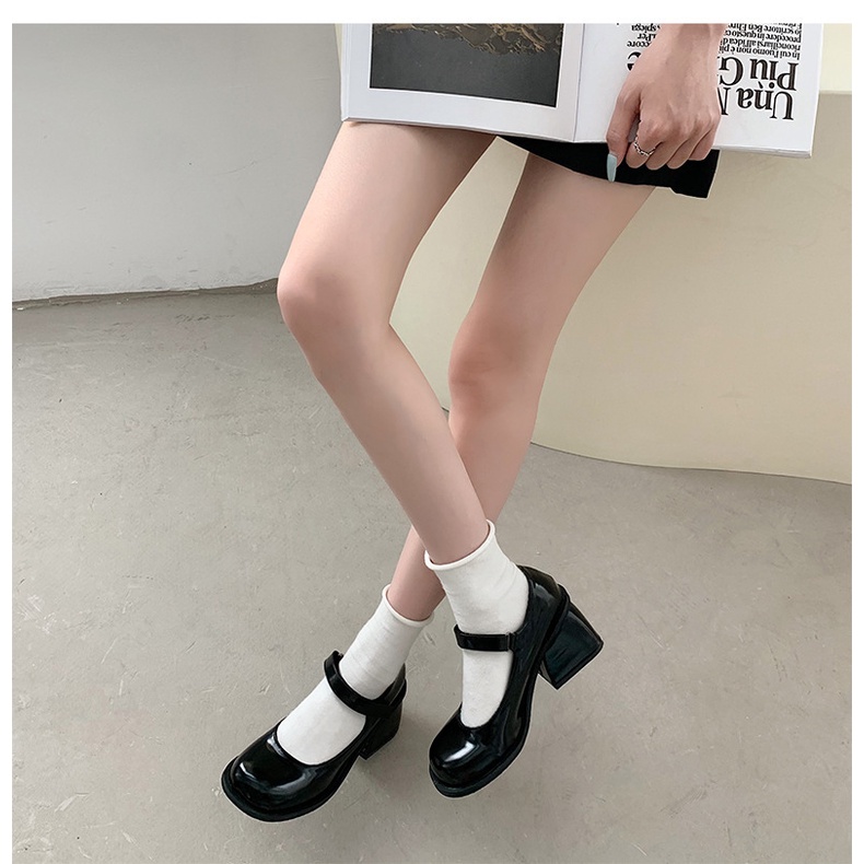 Giày Mary Jane Nữ Cao Gót Đế Vuông Đơn Giản Mũi Tròn Cao 5cm Phong Cách Ulzzang Tiểu Thư Đi Dự Tiệc