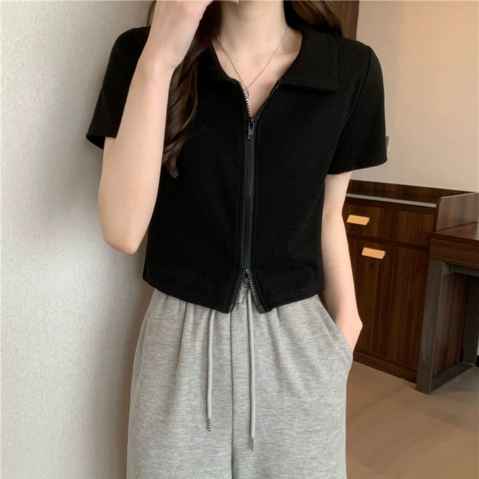 Áo Thun Crop Top Nữ Ngắn Tay Có Khóa Kéo Mới