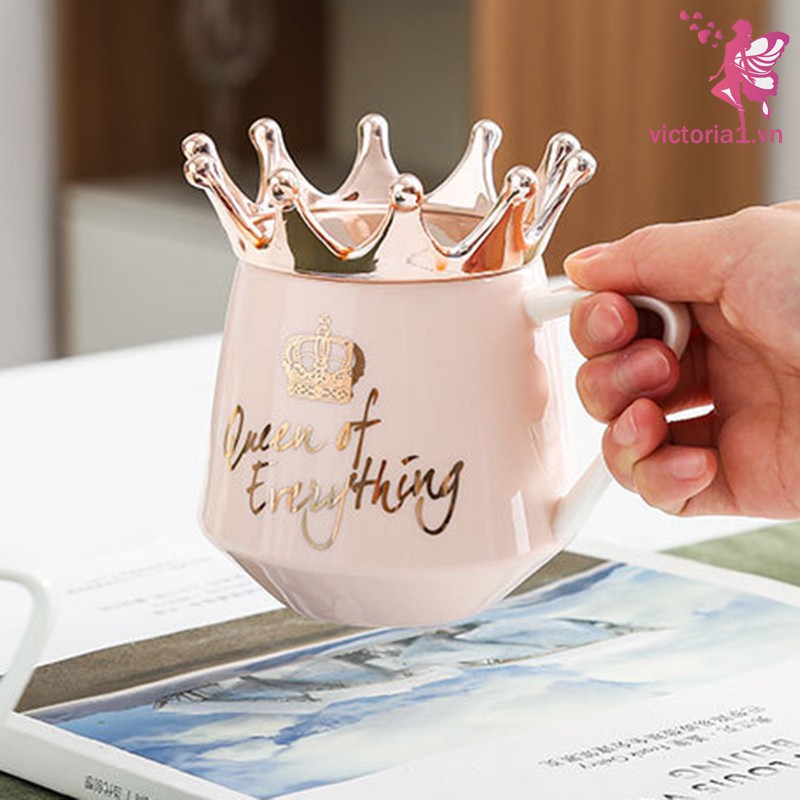 Queen of Everything Mug With Crown Lid and Spoon Ceramic Coffee Cup Gift for Girlfriend Wife