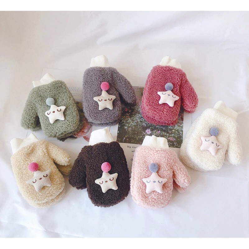 Găng tay len lót lông dành cho bé dầy dặn ấm áp mùa đông bé trai bé gái 4-12 tuổi đính ngôi sao mã T35