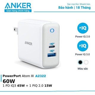 Sạc ANKER A2322 60W 2 cổng USB + PD3.0 GaN- Chính hãng