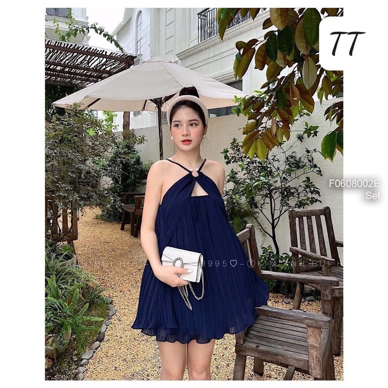 Set dập ly áo dây yếm đắp tà ngực kèm váy TT3007