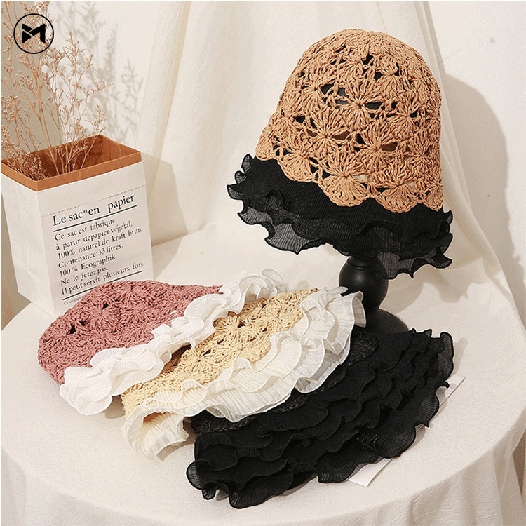 Nón Tai Bèo Đan Cói Phối Ren Thoáng Khí Chống Nắng Thời Trang Xinh Xắn Cho Nữ