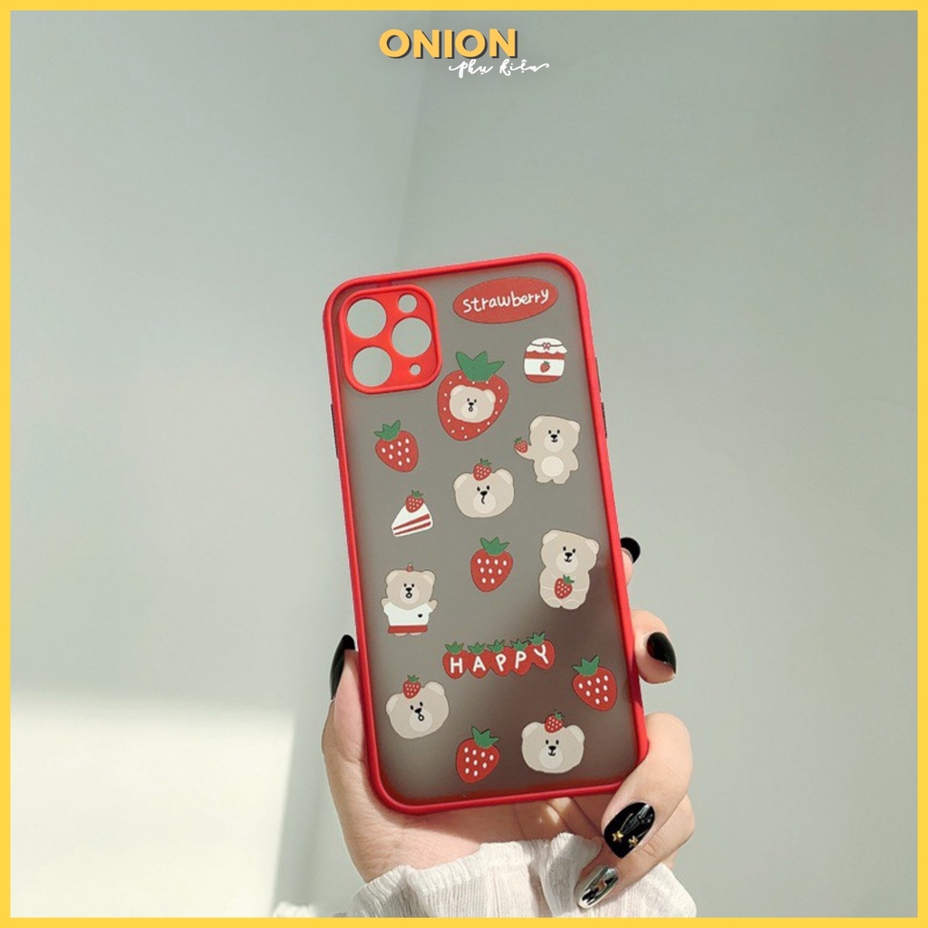 Ốp Onion iPhone bảo vệ camera dâu gấu viền đỏ iPhone 7 8 7 Plus 8 Plus X Xs Xr XsMax iPhone 11 11 Pro 11 Promax