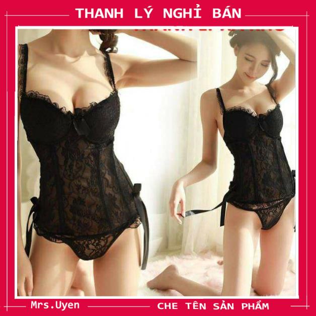 Bộ ngủ body ren bó sát Độn ngực gợi cảm, đầm ngủ 2 dây body sexy có đệm ngực - Garter corset Mã GC003