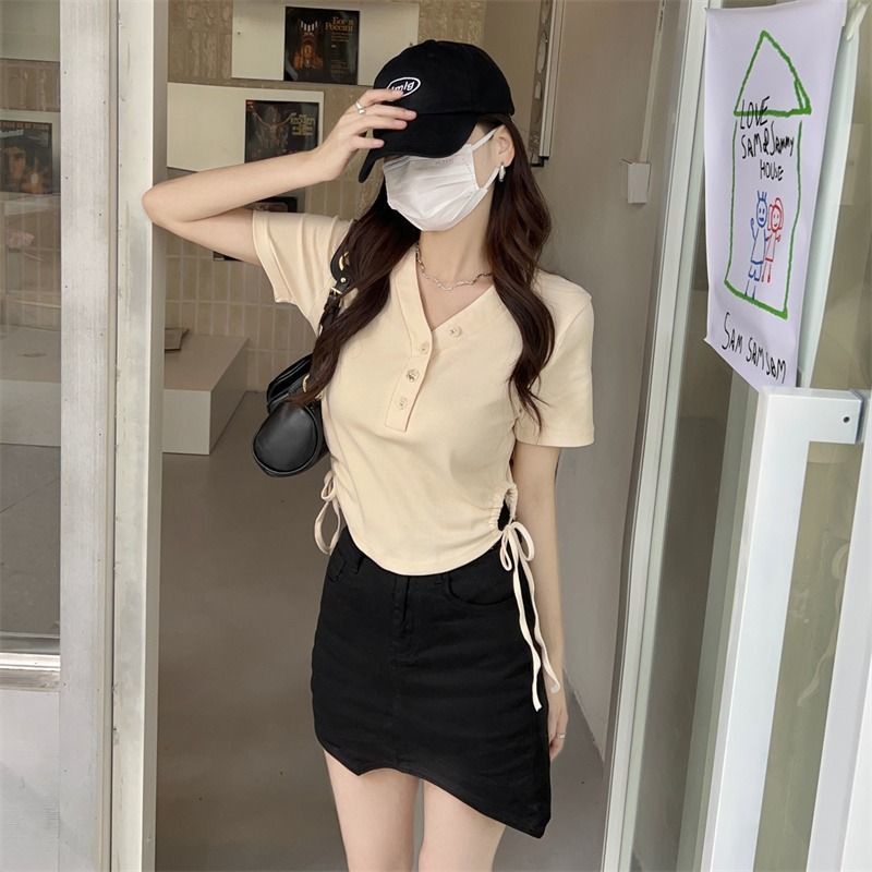 IELGY Áo Thun Tay Ngắn Cổ Chữ v Phối Dây Rút Thời Trang Cho Nữ