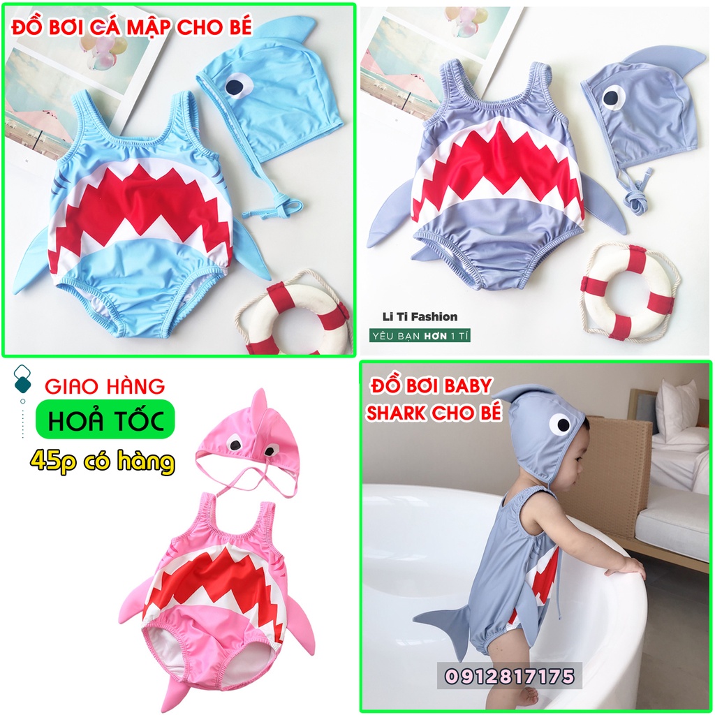 Set đồ bơi hình cá mập / baby shark có kèm mũ cho bé từ 7-15kg - Đồ bơi hình cá mập dễ thương