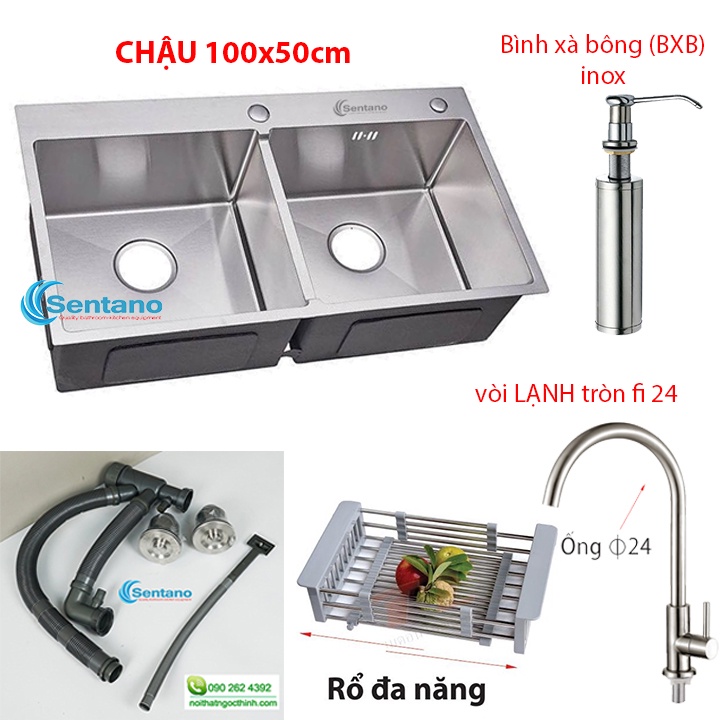 [CHẬU SIÊU TO] Bồn chậu rửa chén đúc inox cao cấp 100x50 cm 100% inox 304 hàng loại 1 có 2 ngăn cân