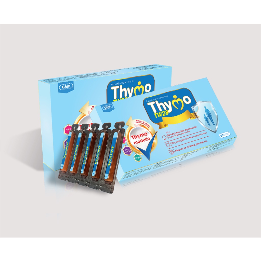 Ống uống bổ sung lysine, kẽm, thymomodulin, vitamin, giúp tăng cường đề kháng, tiêu hóa tốt Thymo TW28 - Hộp 20 ống