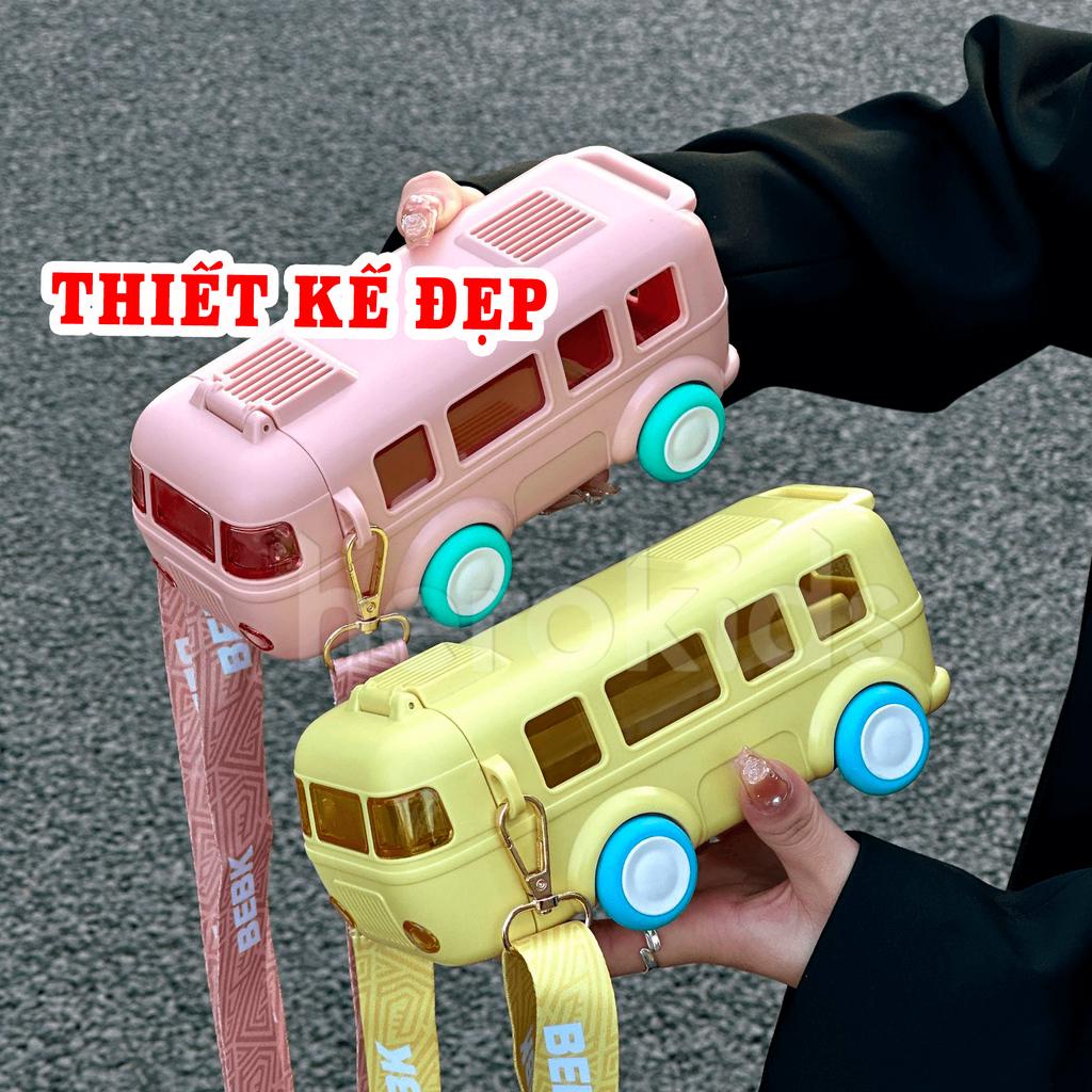 Bình nước xe buýt cho bé tập uống, bình nước hình ô tô bus cho bé đi học có dây đeo tiện lợi