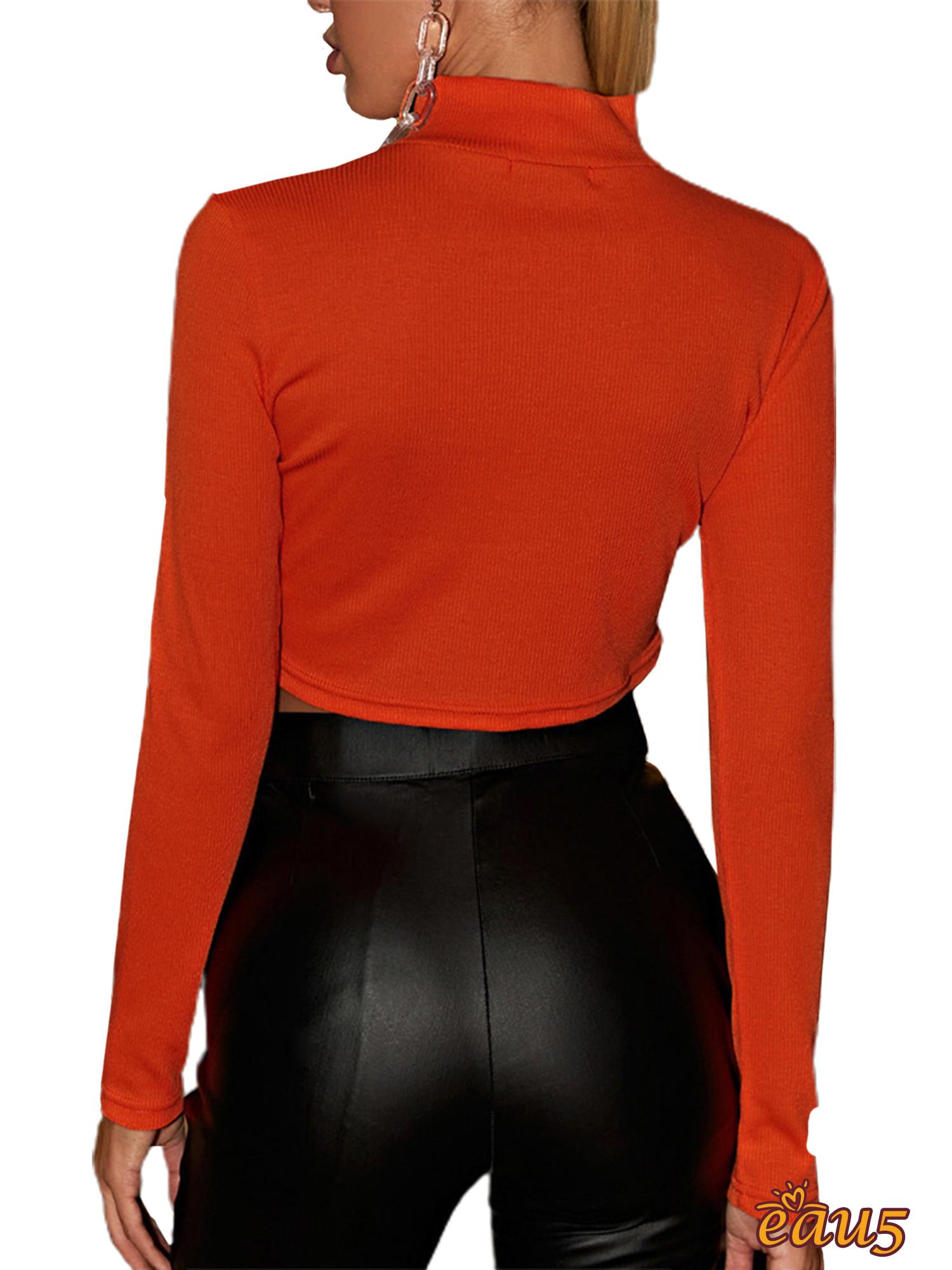☜♠☞Women´s Rib Knit Crop Top Long Sleeve Stand Collar Zipper Front Slim Fit Solid Color Basic Tee Shirt