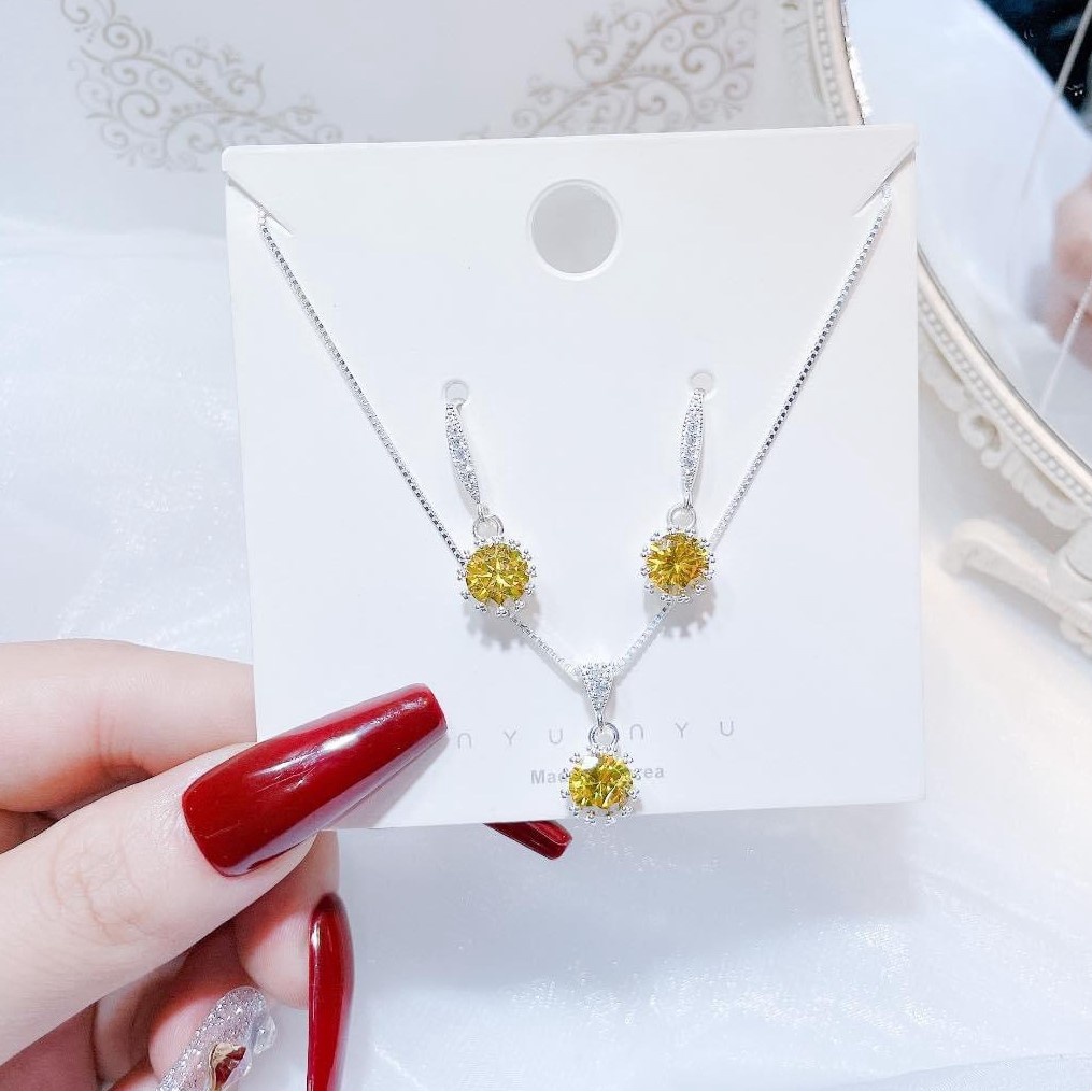 Combo trang sức bạc Dây chuyền + Bông tai gắn đá màu, phong cách trẻ trung năng động