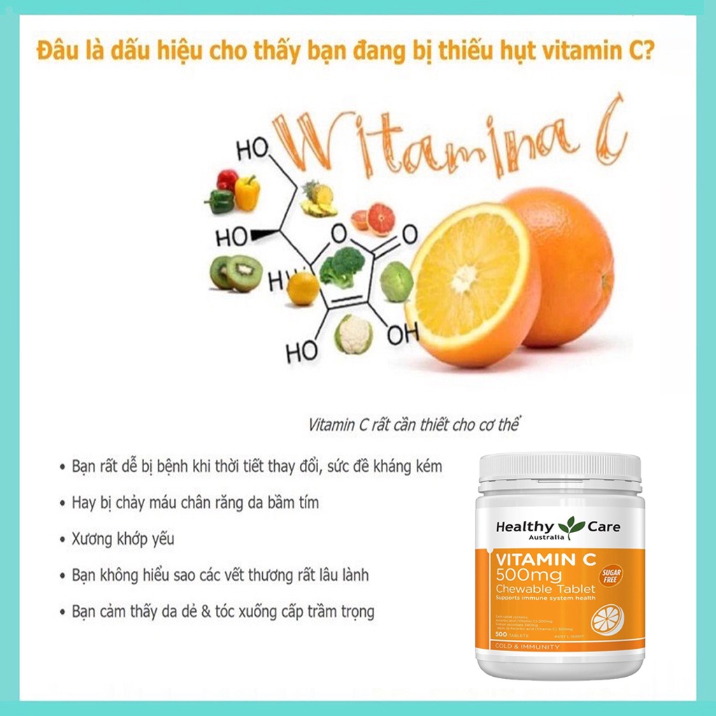 Viên Nhai Healthy Care Vitamin C 500mg Tăng Đề Kháng, Hỗ Trợ Sức Khỏe, Tim Mạch, Làm Sáng Da, Phòng Cảm Lạnh