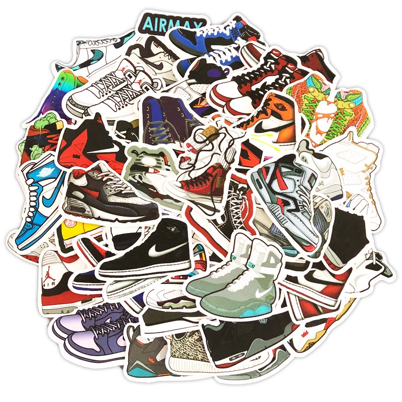 Sticker Giày Sneaker Nike Jordan Set 50 Miếng Decal Cắt Sẵn Dán Điện Thoại Laptop Sổ Xe Tường Mũ Bảo Hiểm Ván Trượt Vali