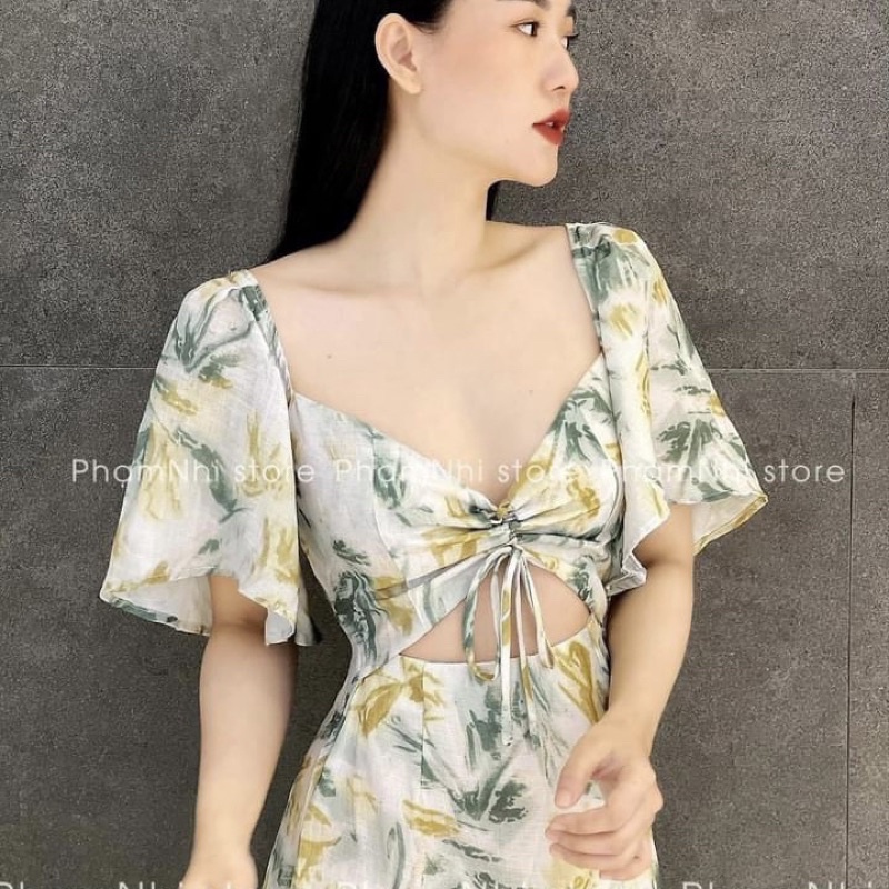 Váy thiết kế hoa cành cúp ngực đan dây tay cánh tiên dáng dài tiểu thư