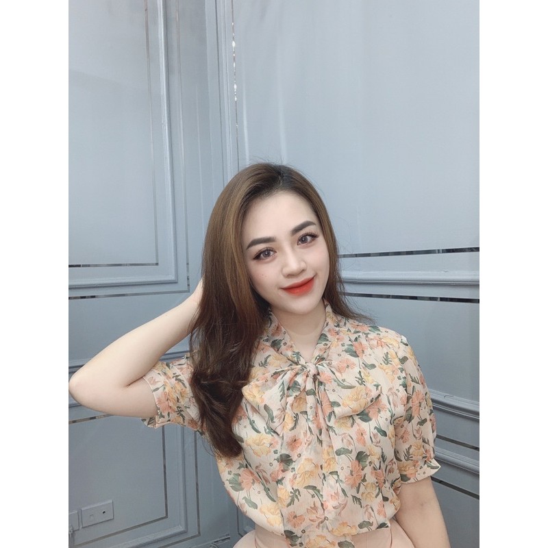 Sơ mi tơ hoa 2 lớp nơ cổ