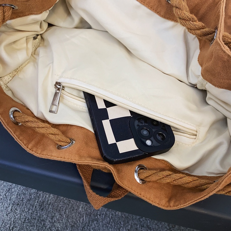 Ba Lô Vải Canvas Dây Rút Màu Nâu Phong Cách Vintage Thời Trang Cho Nữ